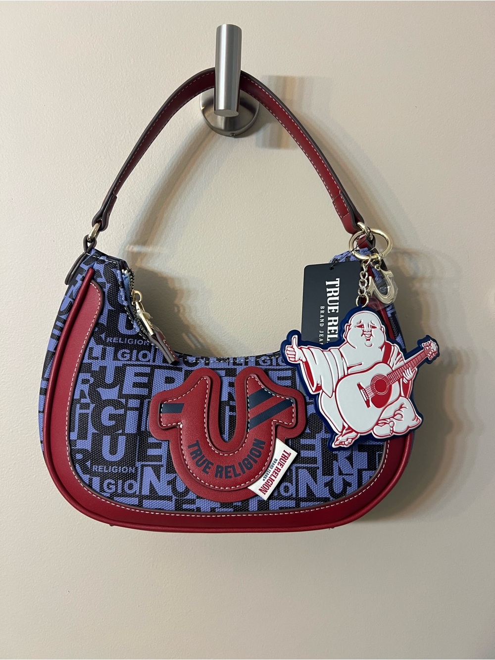 True Religion Blue and Red Logo Hobo with Charm